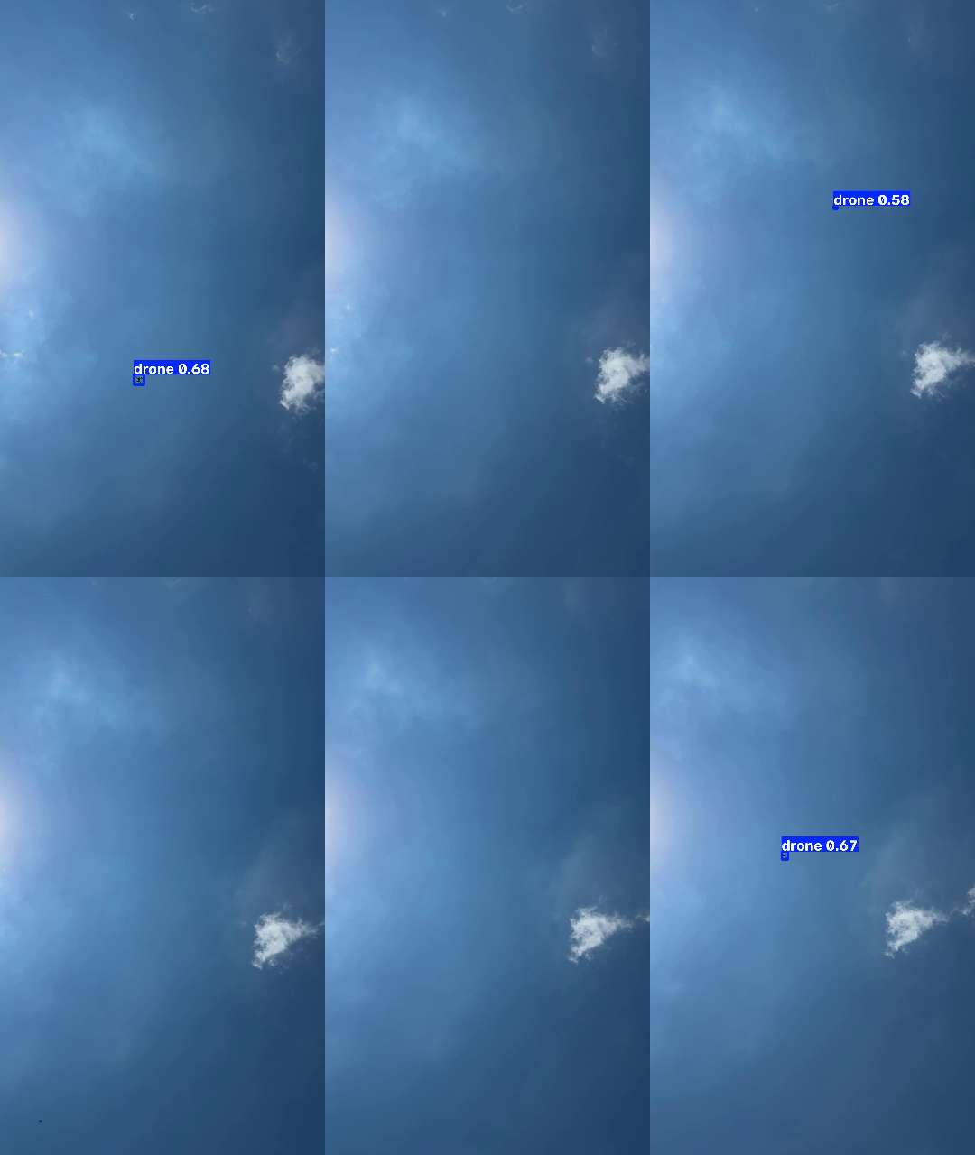 Six sky frames from the seeker with drone detections boxed and confidence scores of 0.58 to 0.68, against sun halo and cloud clutter